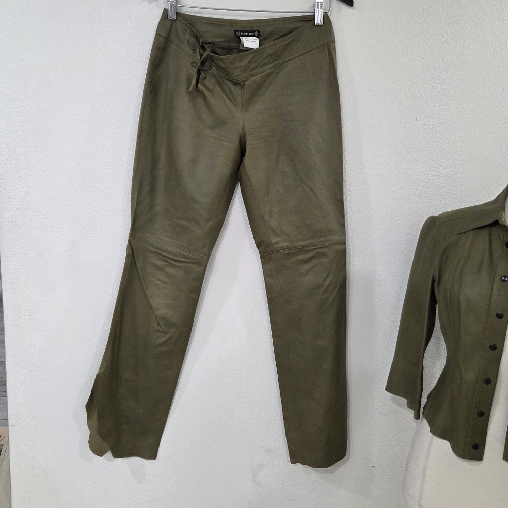 Rare Plein Sud Leather Olive Green  Button-Up Pant Set - Picture 4 of 16